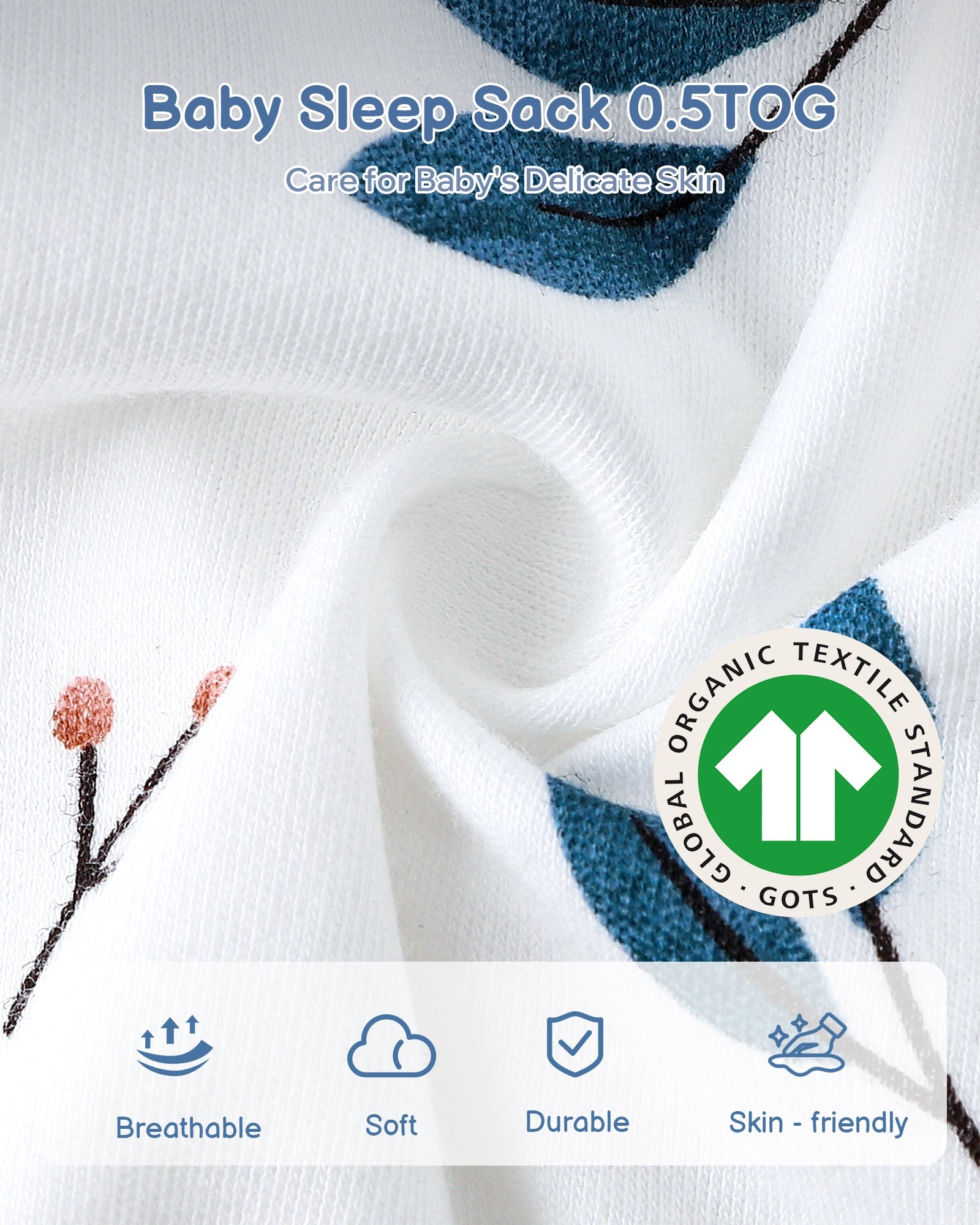 Animal&Plant&White Print Organic Cotton Sleep Sack (0.5 TOG) | Wearable Blanket for Babies & Toddlers - TURMEWU