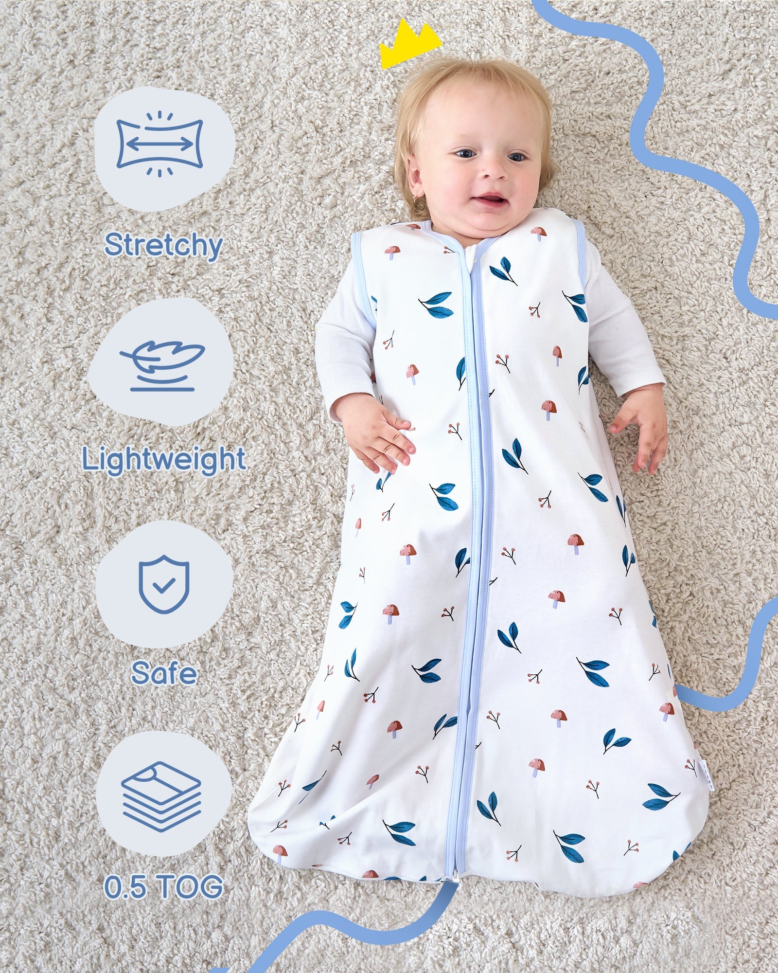 Animal&Plant&White Print Organic Cotton Sleep Sack (0.5 TOG) | Wearable Blanket for Babies & Toddlers - TURMEWU
