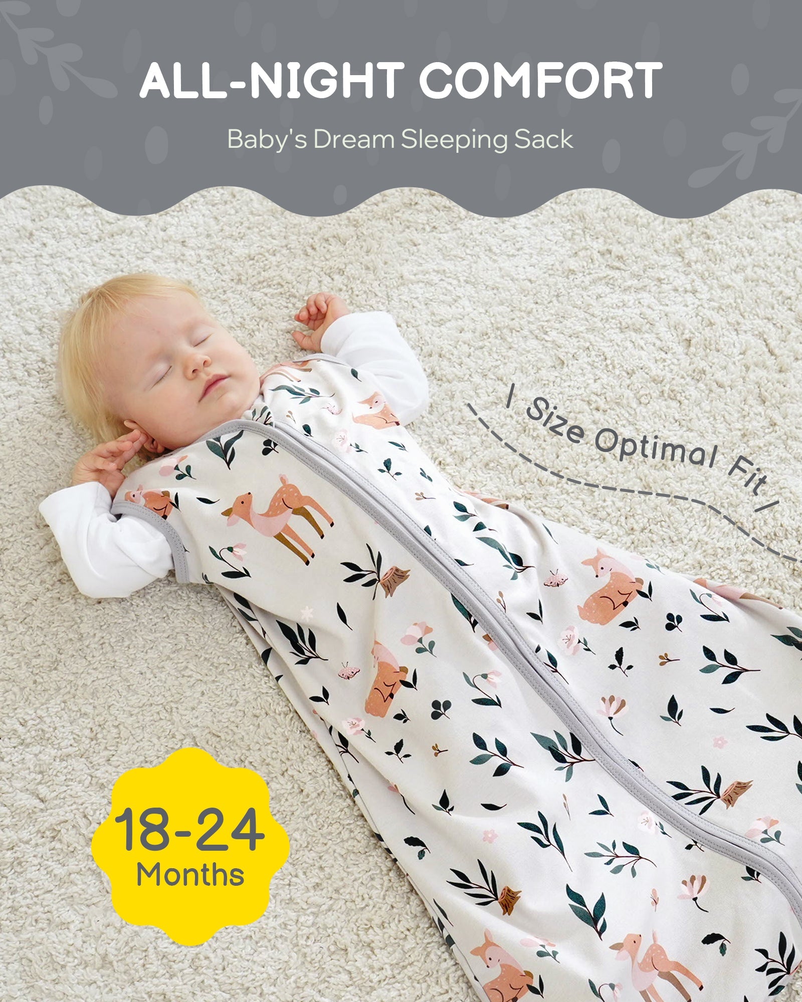Cotton&Fawn&Grey Print Organic Cotton Sleep Sack (0.5 TOG) | Wearable Blanket for Babies & Toddlers - TURMEWU