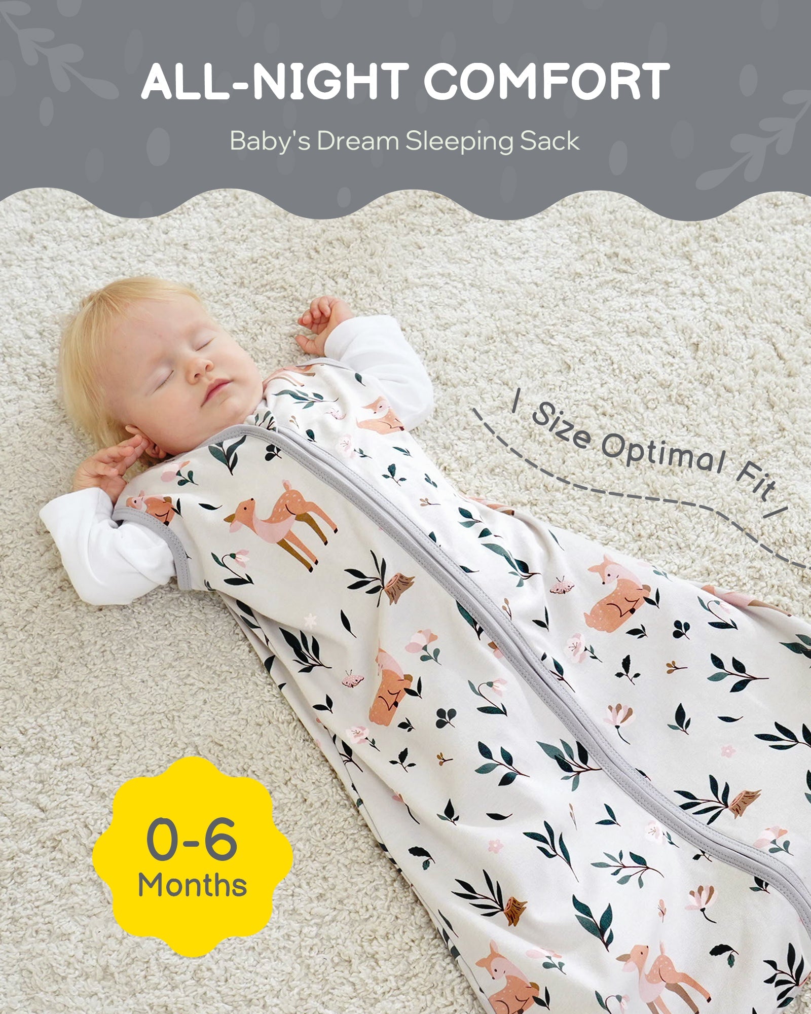 Cotton&Fawn&Grey Print Organic Cotton Sleep Sack (0.5 TOG) | Wearable Blanket for Babies & Toddlers - TURMEWU