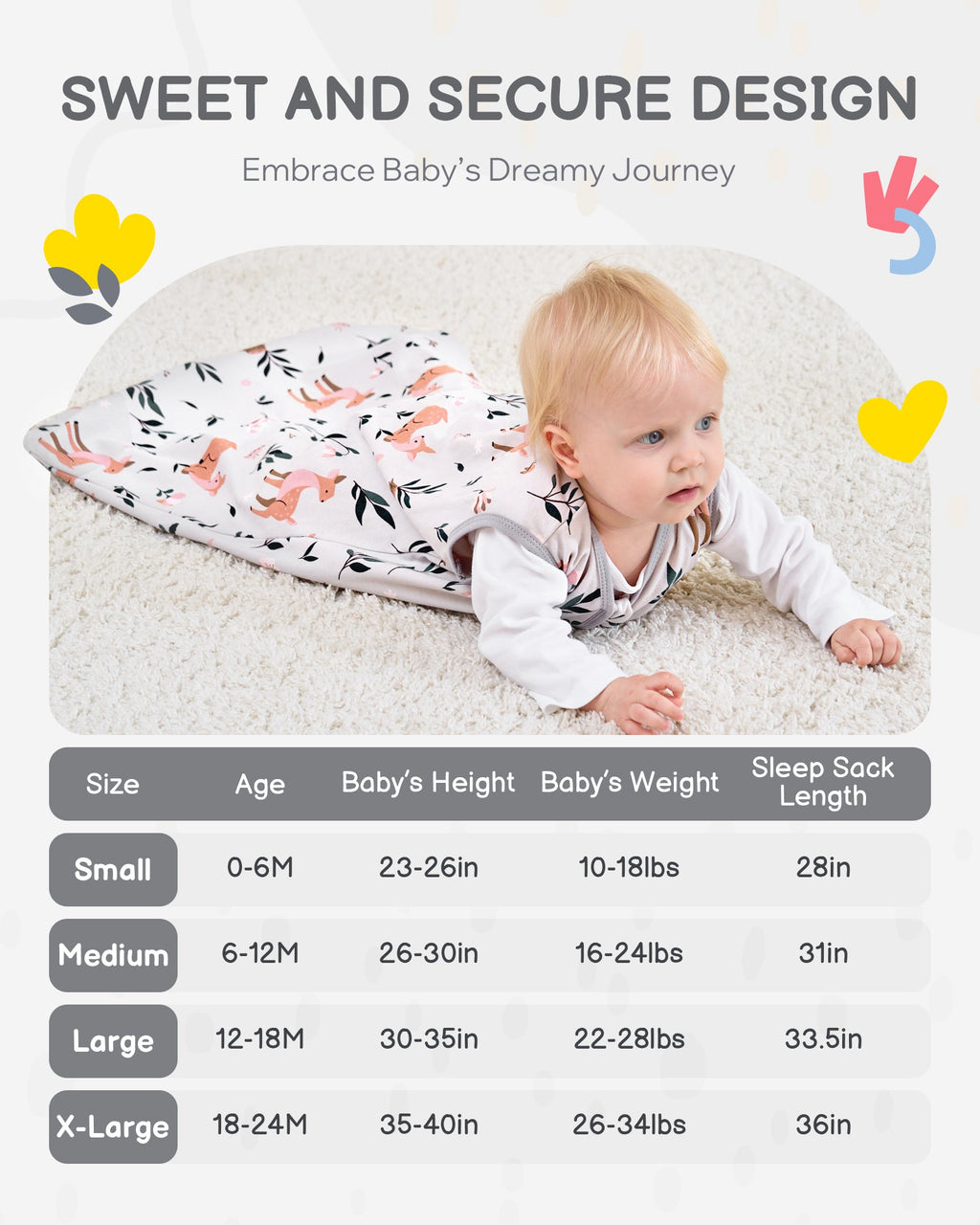 Cotton&Fawn&Grey Print Organic Cotton Sleep Sack (0.5 TOG) | Wearable Blanket for Babies & Toddlers - TURMEWU