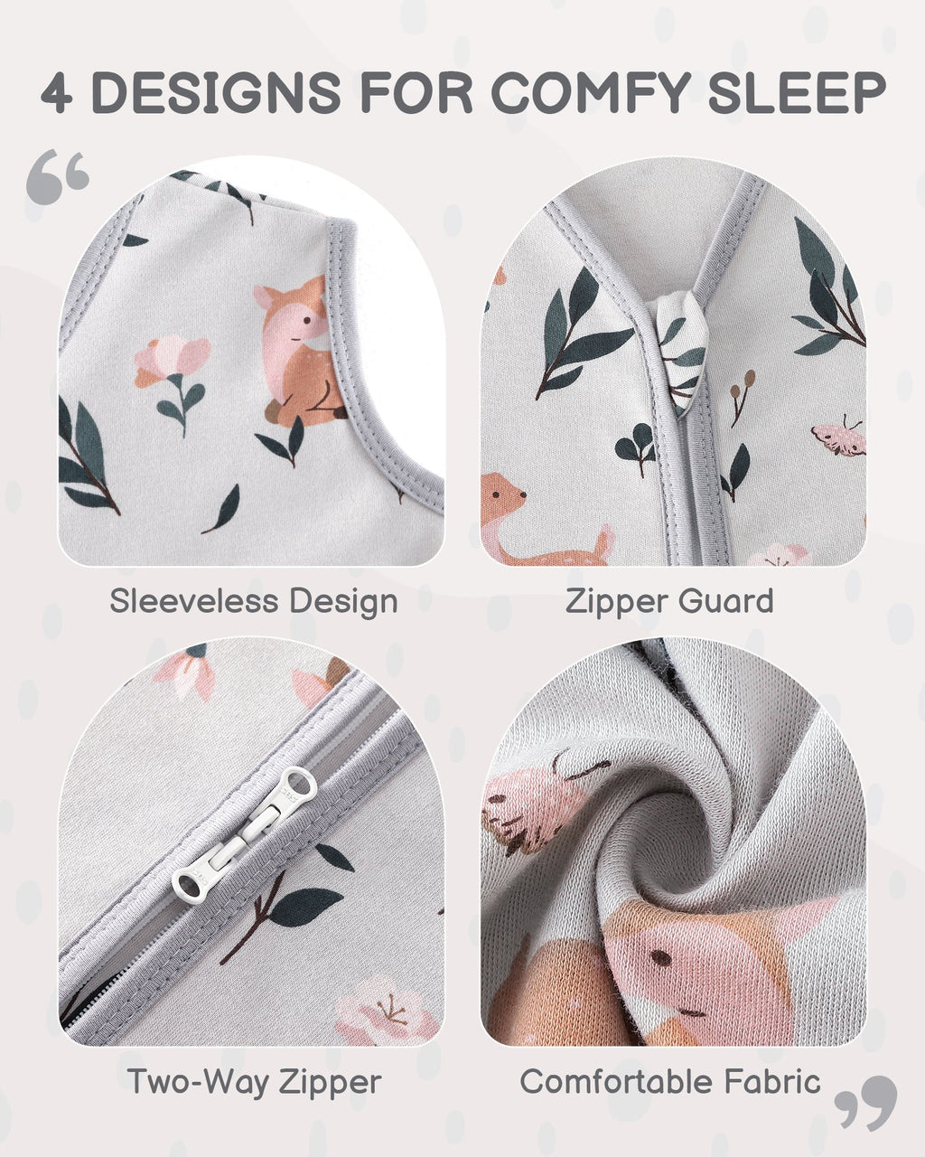 Cotton&Fawn&Grey Print Organic Cotton Sleep Sack (0.5 TOG) | Wearable Blanket for Babies & Toddlers - TURMEWU