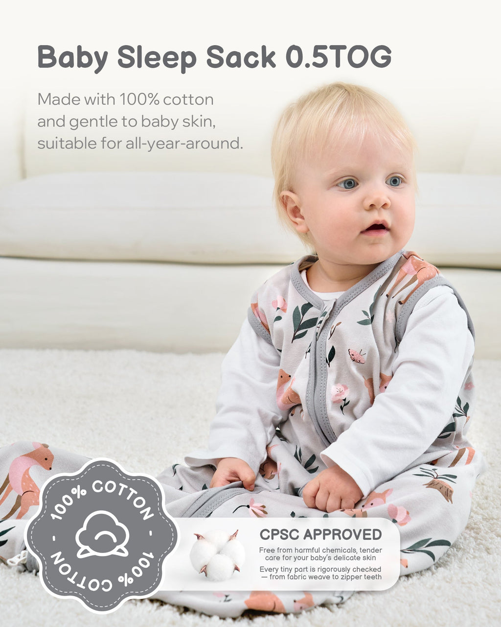 Cotton&Fawn&Grey Print Organic Cotton Sleep Sack (0.5 TOG) | Wearable Blanket for Babies & Toddlers - TURMEWU