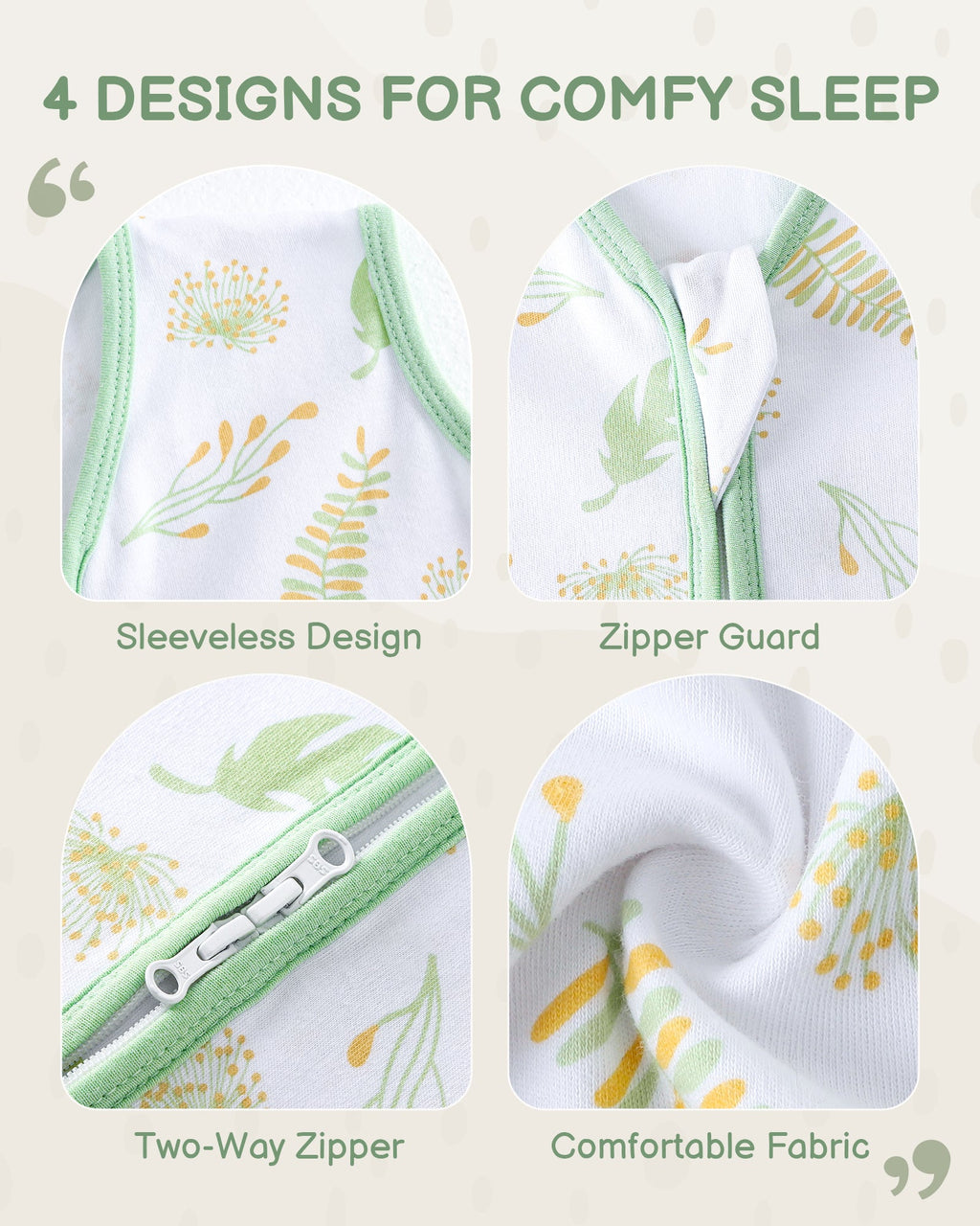 Green Print Organic Cotton Sleep Sack (0.5 TOG) | Wearable Blanket for Babies & Toddlers - TURMEWU