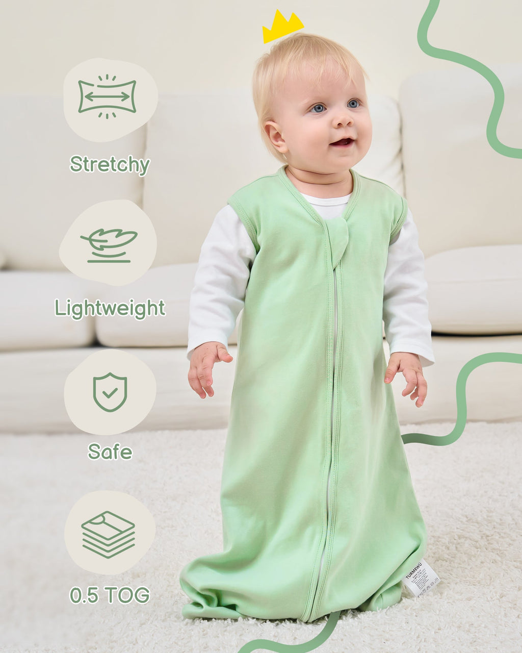 Green Print Organic Cotton Sleep Sack (0.5 TOG) | Wearable Blanket for Babies & Toddlers - TURMEWU