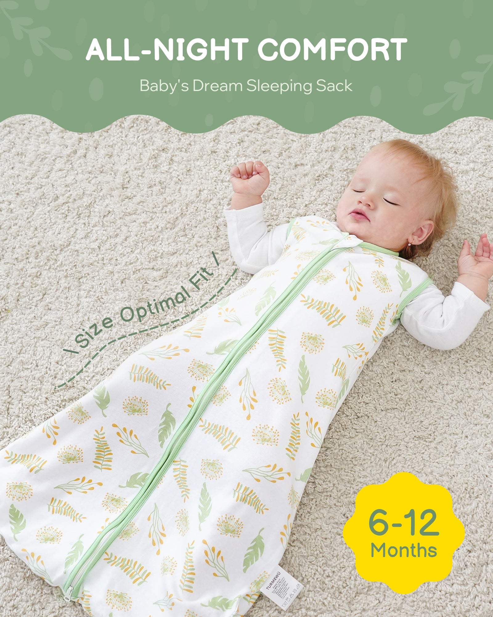 Green Print Organic Cotton Sleep Sack (0.5 TOG) | Wearable Blanket for Babies & Toddlers - TURMEWU