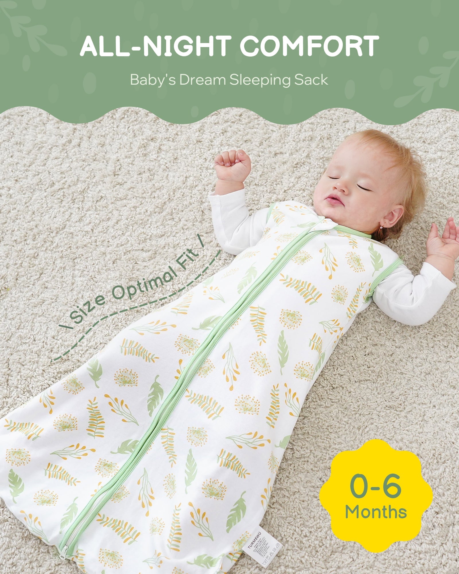Green Print Organic Cotton Sleep Sack (0.5 TOG) | Wearable Blanket for Babies & Toddlers - TURMEWU