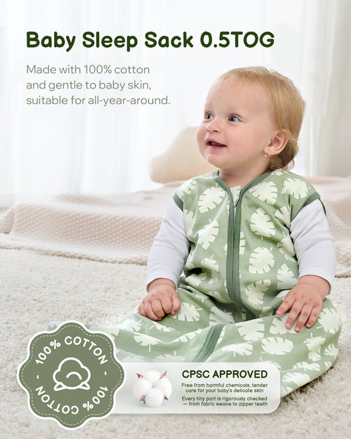 Leaf＆Green Print Organic Cotton Sleep Sack (0.5 TOG) | Wearable Blanket for Babies & Toddlers - TURMEWU