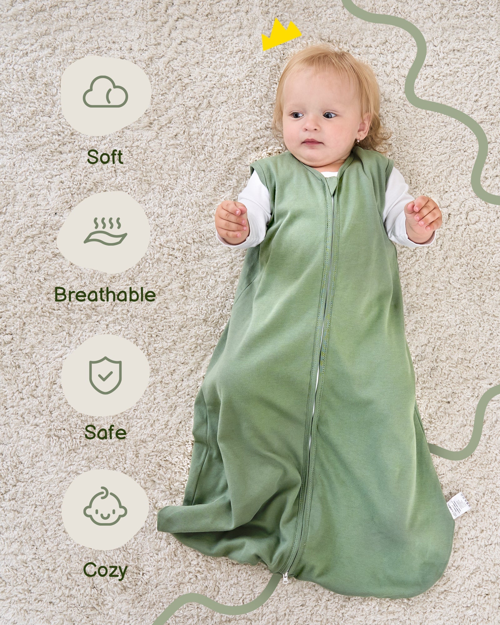 Leaf＆Green Print Organic Cotton Sleep Sack (0.5 TOG) | Wearable Blanket for Babies & Toddlers - TURMEWU